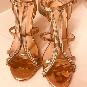 Rose gold and rhinestone heels. Very comfy. Great for holidays!